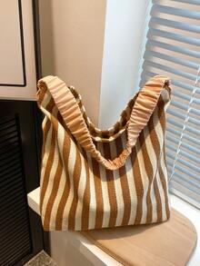 條紋圖案流浪包抽褶手柄中等的 - 棕色 - 查看 6