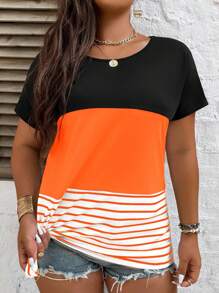 SHEIN LUNE Camiseta de manga murciélago con bloques de color a rayas para verano, talla grande - Naranja - Ver 3