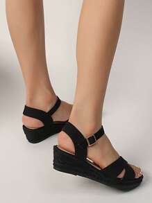 女士时尚休闲沙滩编织厚底坡跟凉鞋