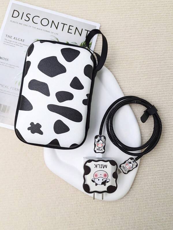 5pcs Cow Print Data Cable Protector Set & 1pc Storage Bag Cable Organizer