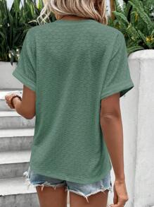 SHEIN LUNE 素色半排扣蝙蝠袖T恤 - 綠色 - 查看 2