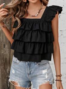 SHEIN VCAY Ruffle Trim Square Neck Blouse - Black - View 1