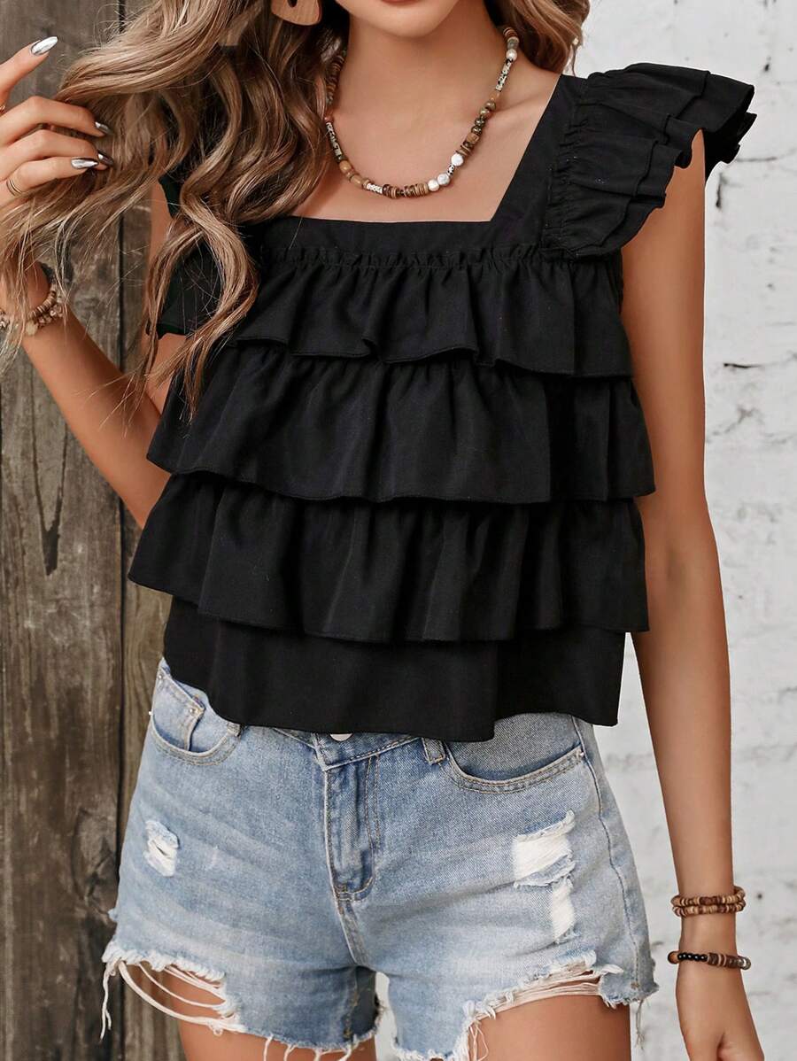 SHEIN VCAY Ruffle Trim Square Neck Blouse - Black - View 1
