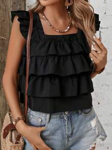 SHEIN VCAY Ruffle Trim Square Neck Blouse - Black - View 4