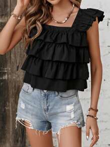 SHEIN VCAY Ruffle Trim Square Neck Blouse - Black - View 5