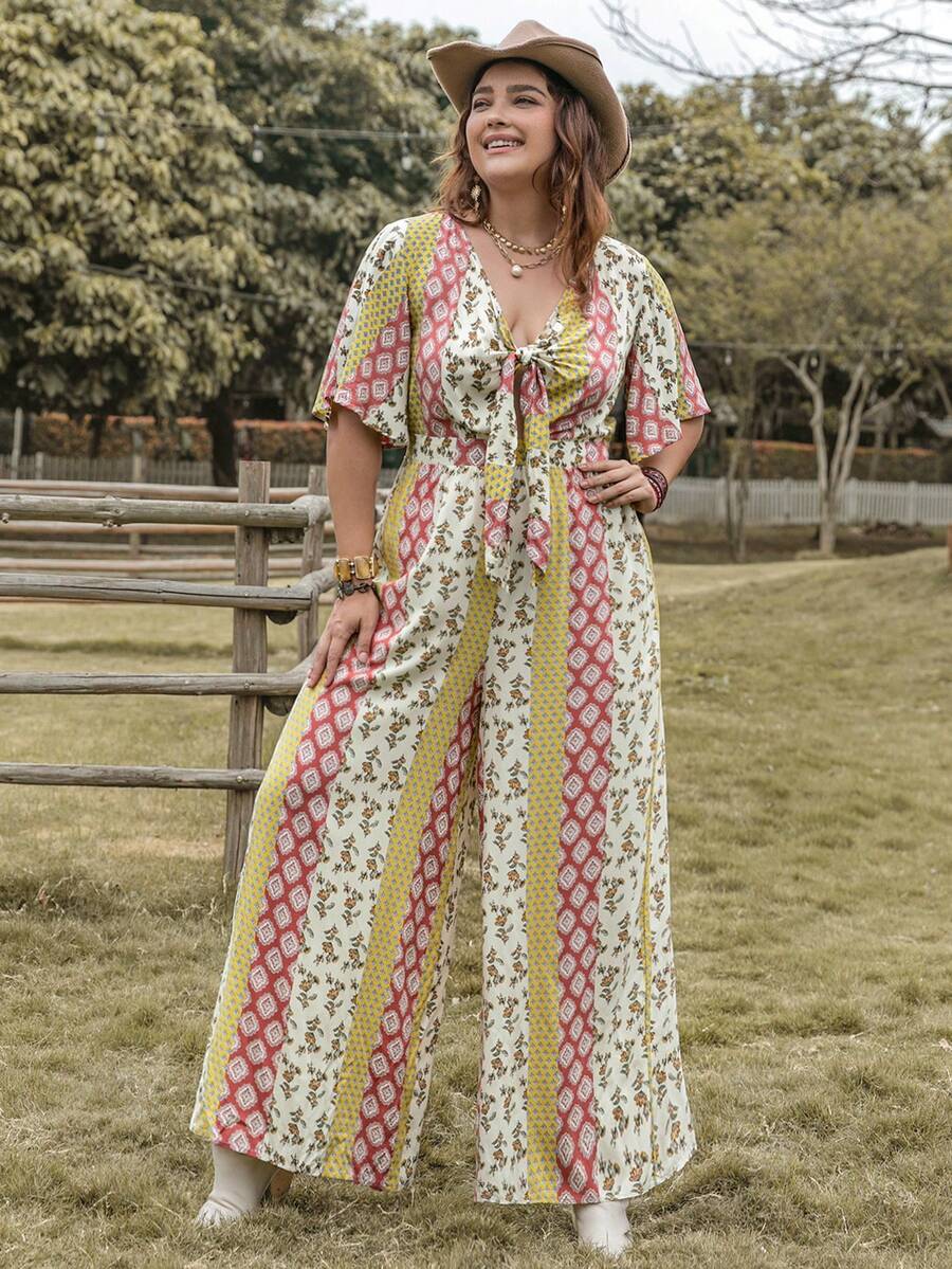 Rusttydustty Plus Floral Print Knot Front Wide Leg Jumpsuit - Multicolor - View 1