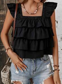 SHEIN VCAY Ruffle Trim Square Neck Blouse - Black - View 6