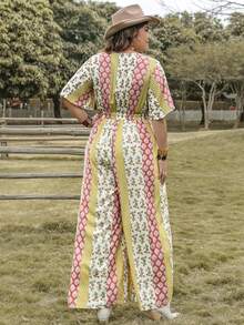 Rusttydustty Plus Floral Print Knot Front Wide Leg Jumpsuit - Multicolor - View 2