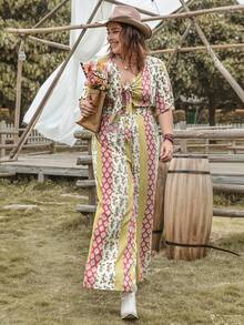 Rusttydustty Plus Floral Print Knot Front Wide Leg Jumpsuit - Multicolor - View 3