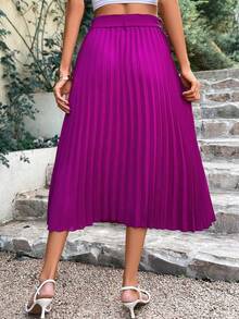 SHEIN Privé Solid Belted Pleated Skirt - Purple - View 2