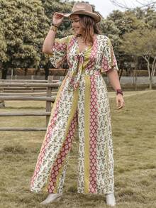 Rusttydustty Plus Floral Print Knot Front Wide Leg Jumpsuit - Multicolor - View 4