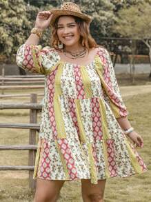 Rusttydustty Plus Floral Print Square Neck Ruffle Hem Smock Dress - Multicolor - View 1