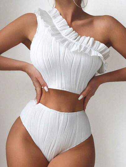 Einfarbiges Rüschen Trim One Shoulder Bikini Set für den Sommerstrand