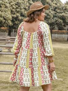 Rusttydustty Plus Floral Print Square Neck Ruffle Hem Smock Dress - Multicolor - View 2