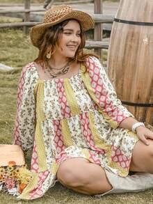 Rusttydustty Plus Floral Print Square Neck Ruffle Hem Smock Dress - Multicolor - View 3