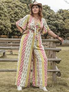 Rusttydustty Plus Floral Print Knot Front Wide Leg Jumpsuit - Multicolor - View 6
