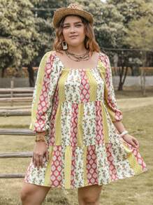 Rusttydustty Plus Floral Print Square Neck Ruffle Hem Smock Dress - Multicolor - View 4