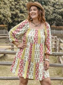 Rusttydustty Plus Floral Print Square Neck Ruffle Hem Smock Dress - Multicolor - View 5