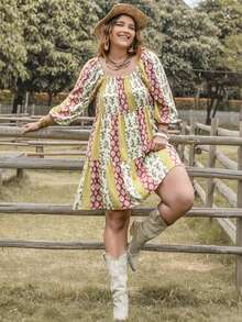 Rusttydustty Plus Floral Print Square Neck Ruffle Hem Smock Dress - Multicolor - View 6