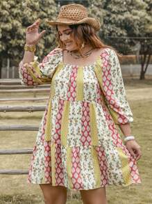 Rusttydustty Plus Floral Print Square Neck Ruffle Hem Smock Dress - Multicolor - View 7