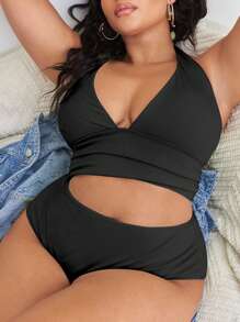 SHEIN Swim Curve 夏季海滩加大码罗纹比基尼套装褶皱吊带上衣和高腰下装 2 件套比基尼 - 黑色 - 查看 1