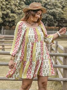 Rusttydustty Plus Floral Print Square Neck Ruffle Hem Smock Dress - Multicolor - View 8