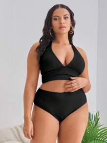 SHEIN Swim Curve 夏季海滩加大码罗纹比基尼套装褶皱吊带上衣和高腰下装 2 件套比基尼 - 黑色 - 查看 3