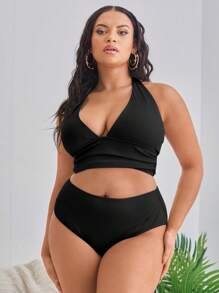 SHEIN Swim Curve 夏季海滩加大码罗纹比基尼套装褶皱吊带上衣和高腰下装 2 件套比基尼 - 黑色 - 查看 4