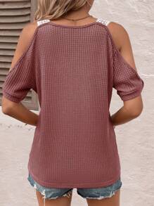 SHEIN LUNE Camiseta con encaje en contraste de hombros descubiertos - Rosa vieja - Ver 2