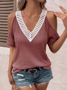 SHEIN LUNE Camiseta con encaje en contraste de hombros descubiertos - Rosa vieja - Ver 3