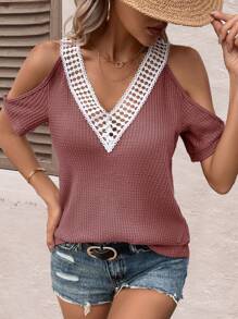 SHEIN LUNE Camiseta con encaje en contraste de hombros descubiertos - Rosa vieja - Ver 5