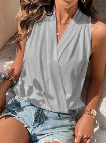 SHEIN Clasi Solid Surplice Neck Tank Top - Grey - View 1