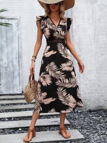 SHEIN Holidaya Đầm Tương phản ren Xù Nhiệt đới Tất cả trên in Boho - màu đen - Xem 5