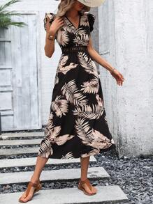 SHEIN Holidaya Đầm Tương phản ren Xù Nhiệt đới Tất cả trên in Boho - màu đen - Xem 6
