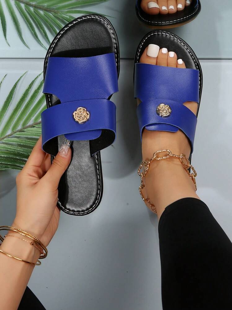Women Metal Decor Slide Sandals, Fashion Summer Flat Sandals - Blue - View 1
