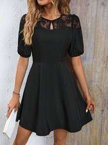 SHEIN Privé Contrast Lace Keyhole Neckline Puff Sleeve Dress - Black - View 5