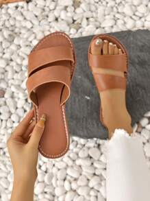 Women Minimalist Double Strap Slide Sandals, Elegant Summer Flat Sandals - Brown - View 1