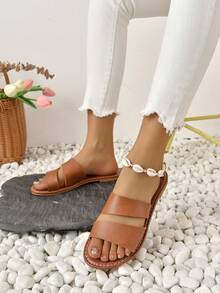 Women Minimalist Double Strap Slide Sandals, Elegant Summer Flat Sandals - Brown - View 3