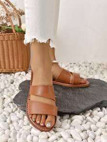 Women Minimalist Double Strap Slide Sandals, Elegant Summer Flat Sandals - Brown - View 5