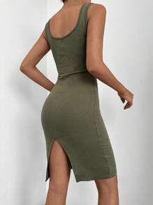 EURMUSE Vestido ajustado tank unicolor de cuello scoop - Verde militar - Ver 2