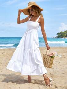 EURMUSE Vestido de tirantes unicolor bajo con fruncido - Blanco - Ver 3