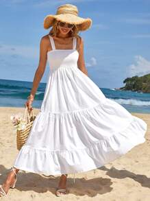 EURMUSE Vestido de tirantes unicolor bajo con fruncido - Blanco - Ver 6