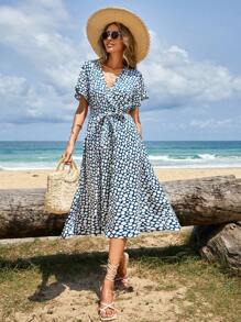 EURMUSE Allover Floral Print Belted Dress - Multicolor - View 1