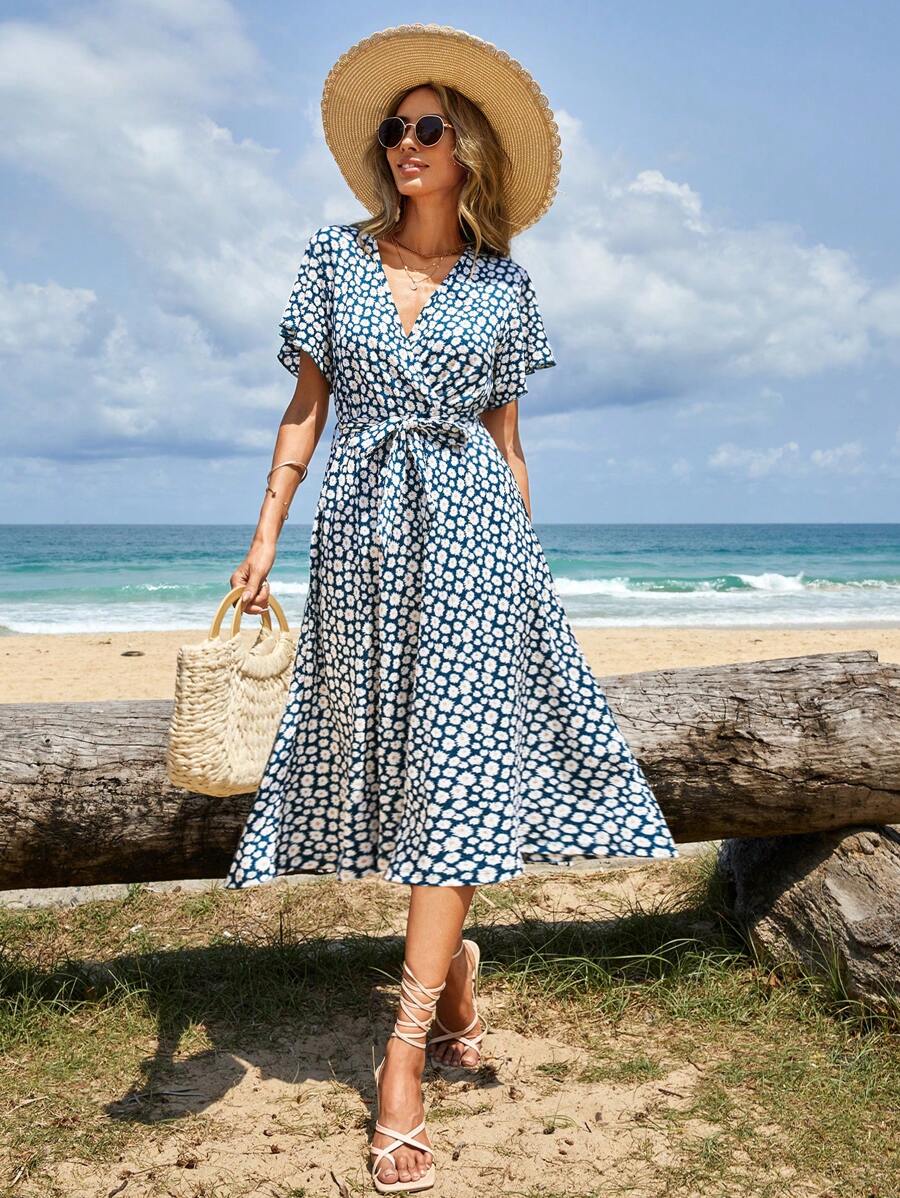 EURMUSE Allover Floral Print Belted Dress - Multicolor - View 1