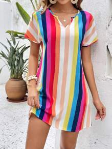 SHEIN VCAY Striped Notched Neckline Batwing Sleeve Tunic Dress - Multicolor - View 1