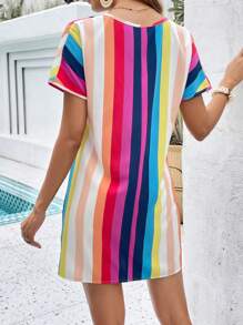 SHEIN VCAY Striped Notched Neckline Batwing Sleeve Tunic Dress - Multicolor - View 2