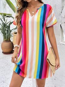 SHEIN VCAY Striped Notched Neckline Batwing Sleeve Tunic Dress - Multicolor - View 3