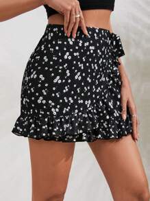 EURMUSE Ditsy Floral Print Ruffle Trim Tie Side Wrap Skort - Black - View 4