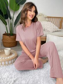 Solid Tee & Trousers Lounge Set - Dusty Pink - View 4