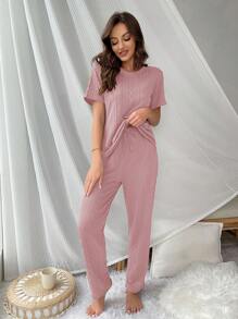 Solid Tee & Trousers Lounge Set - Dusty Pink - View 5